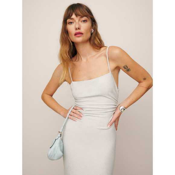 NWT! Reformation L Breslin Stretch Silver Metallic Knit Midi Dress Low Back - Picture 7 of 8